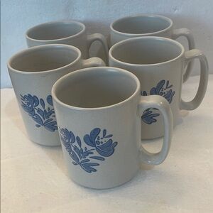 Vintage Pfaltzgraff Yorktowne Stoneware Mugs Set 5 coffee cups floral white blue